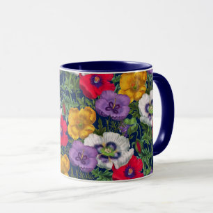 Lilac Red White Yellow Poppies & Green Leaves Mug