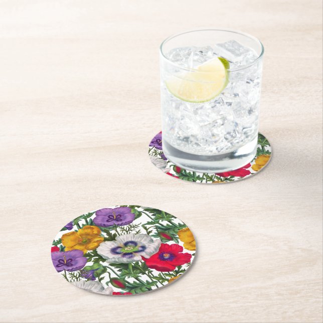 Lilac Red White Yellow Poppies & Green Leaves Round Paper Coaster (Insitu)