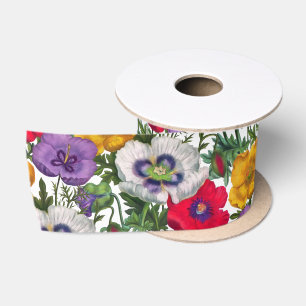 Lilac Red White Yellow Poppies & Green Leaves Satin Ribbon