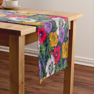 Lilac Red White Yellow Poppies & Green Leaves Short Table Runner