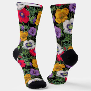 Lilac Red White Yellow Poppies & Green Leaves Socks