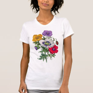 Lilac Red White Yellow Poppies & Green Leaves T-Shirt