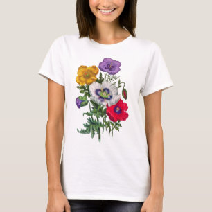 Lilac Red White Yellow Poppies & Green Leaves T-Shirt