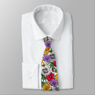 Lilac Red White Yellow Poppies & Green Leaves Tie