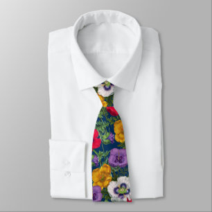 Lilac Red White Yellow Poppies & Green Leaves Tie