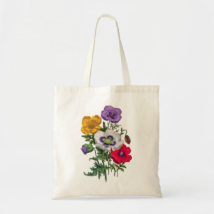 Lilac Red White Yellow Poppies & Green Leaves Tote Bag