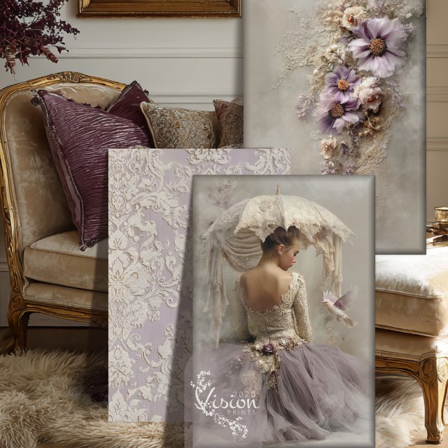 Lilac Reverie Ballerina, Floral & Damask Tile Set Wrapping Paper Sheet (Closeup of Lilac Reverie, Portrait Art set against a French Living room scene.)
