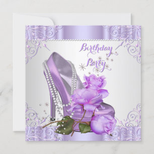 Lilac Rose High Heel Lace Pearls Birthday Party 2 Invitation