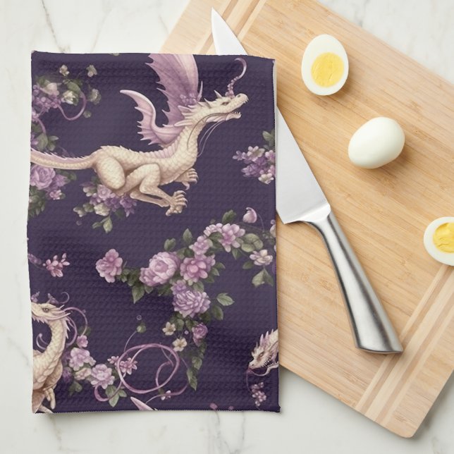Lilac, Roses, and White Dragons Kitchen Towels (Quarter Fold)
