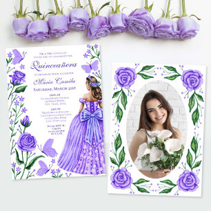 Lilac Roses Butterflies Princess Photo Quinceanera Invitation