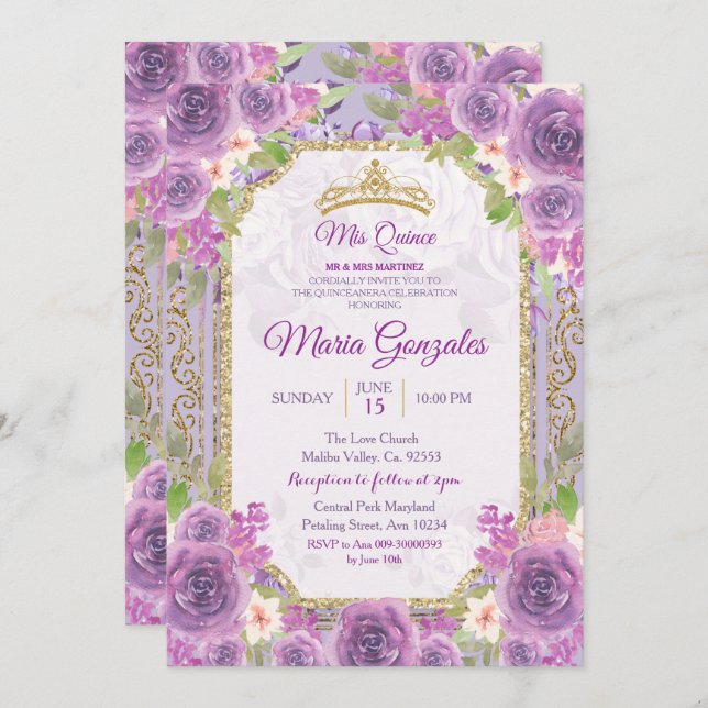 Lilac Roses Mexican 15th Birthday Invitation 1 (Front/Back)