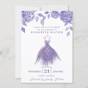 Lilac roses modern Glitter dress sweet sixteen  In Invitation