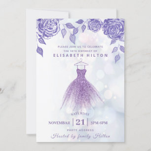 Lilac roses modern Glitter dress sweet sixteen  Invitation