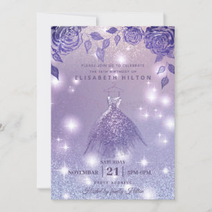 Lilac roses modern Glitter dress sweet sixteen Invitation