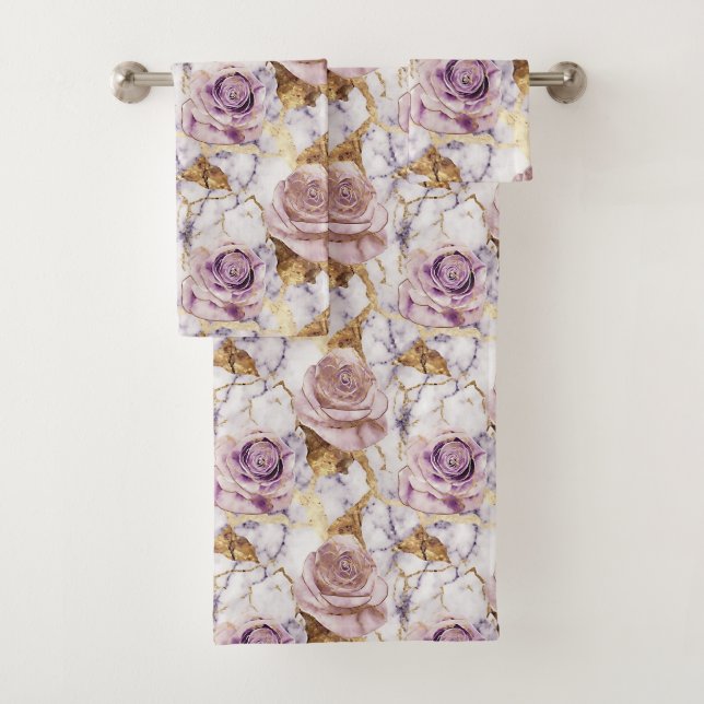Lilac Roses on Antique Gold Marble Bath Towel Set (Insitu)