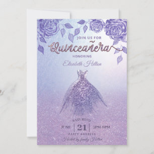 Lilac roses romantic Glitter dress  Quinceañera Invitation