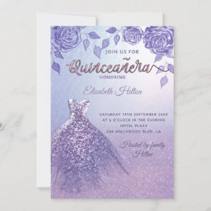 Lilac roses romantic Glitter dress  Quinceañera  Invitation