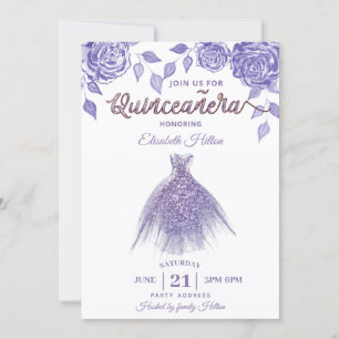 Lilac roses romantic Glitter dress  Quinceañera  Invitation