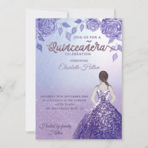 Lilac roses romantic Glitter dress  Quinceañera Invitation
