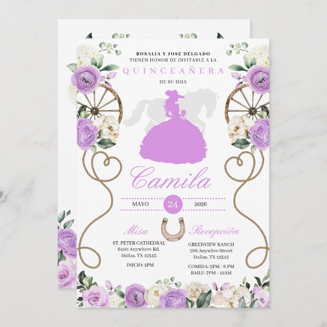 Lilac Roses Western Mariachi Charro Quinceañera Invitation (Front/Back)