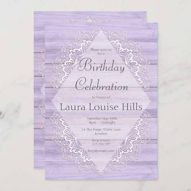 Lilac Rustic Woodgrain and Lace Birthday Invitation (Front/Back)
