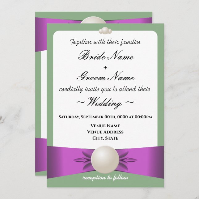 Lilac & Sage Pearl Ribbon Wedding Reception Invitation (Front/Back)