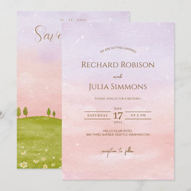  LILAC Save The Date Invitation / Watercolor Pink (Front/Back)