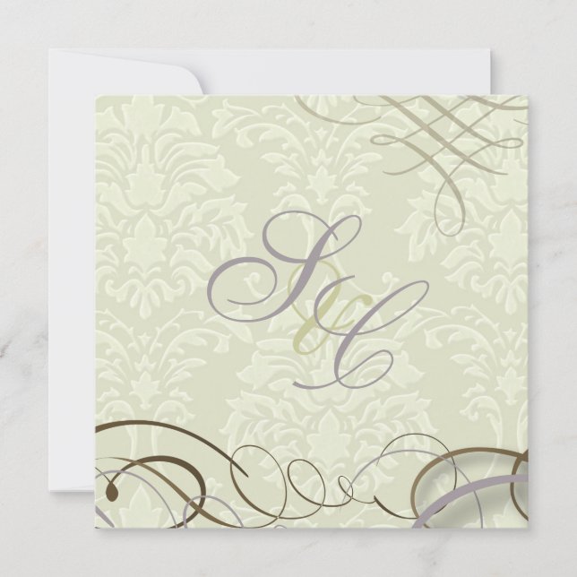 Lilac/scrolls/swooshes/ivory damask invitation (Front)