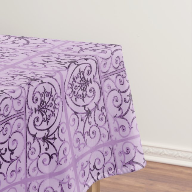 Lilac scrollwork pattern tablecloth (In Situ)