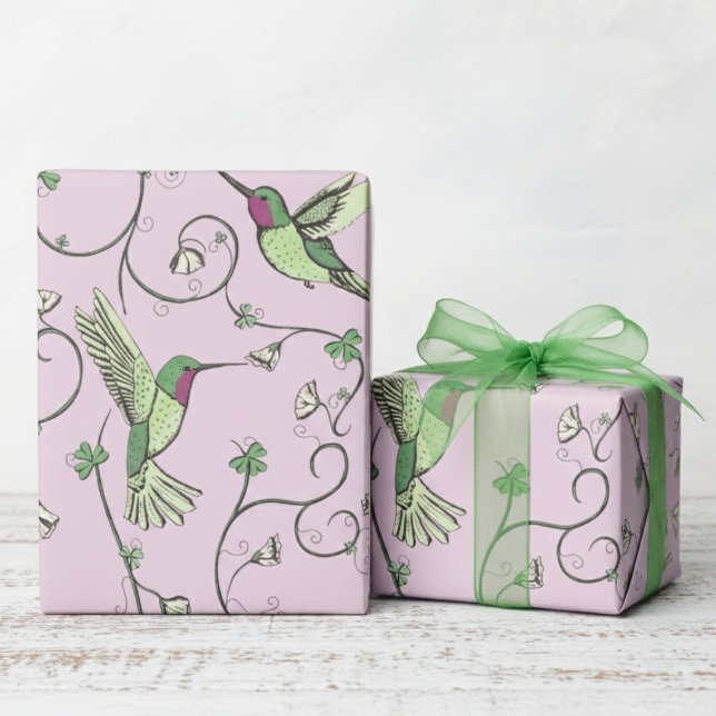 Lilac Shamrock Vine Hummingbird Pattern Wrapping Paper (Pink St Patrick's Day Irish Gift Wrap. Whimsical Floral Hummingbird, Green Clover, Lucky Shamrocks)