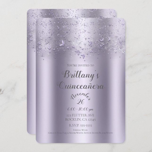 Lilac Shimmer Flutter Butterfly Quinceañera Invitation (Front/Back)