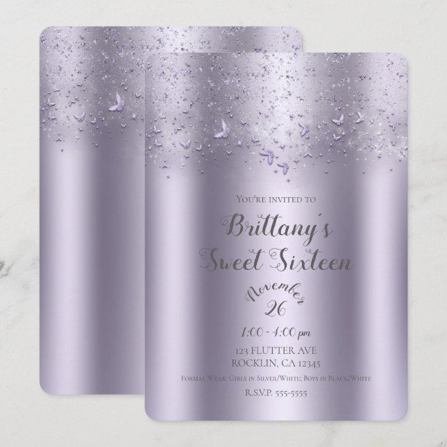 Lilac Shimmer Flutter Butterfly Sweet 16 Party Invitation (Front/Back)