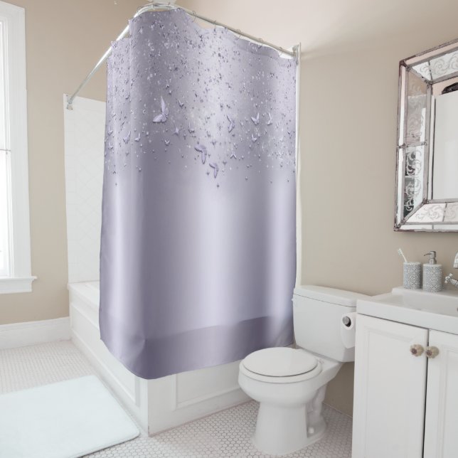 Lilac Shimmer Sparkle Flutter Butterfly Shower Curtain (In Situ)