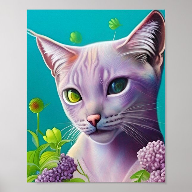 Lilac Siamese cat in Lilac flowers on Teal Poster (Front)