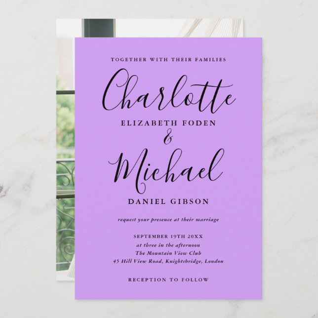 Lilac Signature Script Photo Wedding Invitation (Front/Back)