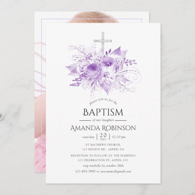 Lilac & Silver Floral Baptism or Christening Photo Invitation (Front/Back)
