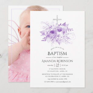 Lilac & Silver Floral Baptism or Christening Photo Invitation
