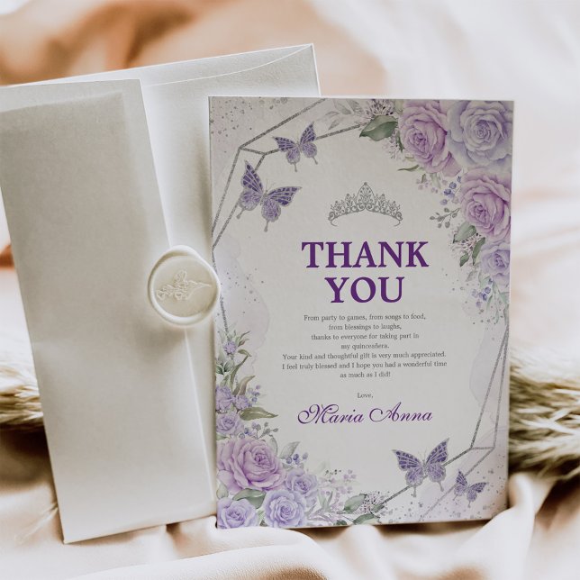 Lilac Silver Quinceañera Butterfly Thank You Card (Creator Uploaded)