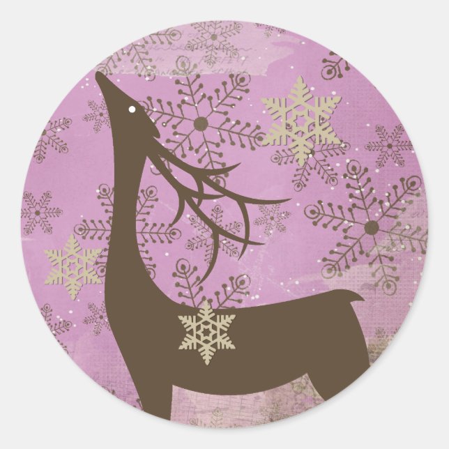 Lilac Snowflakes and Deer Round Sticker (Front)