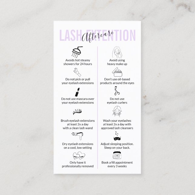 Lilac Soft Purple Lash Extension Aftercare Business Card (Back)