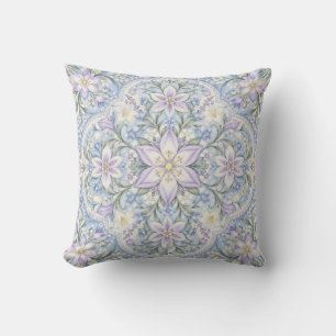 Lilac Star Flowers Ornate Blue Frame Cushion