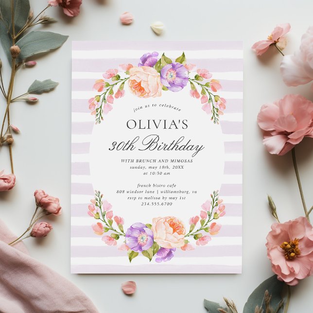 Lilac Stripe and Bloom Birthday Brunch Party Invitation (Creator Uploaded)