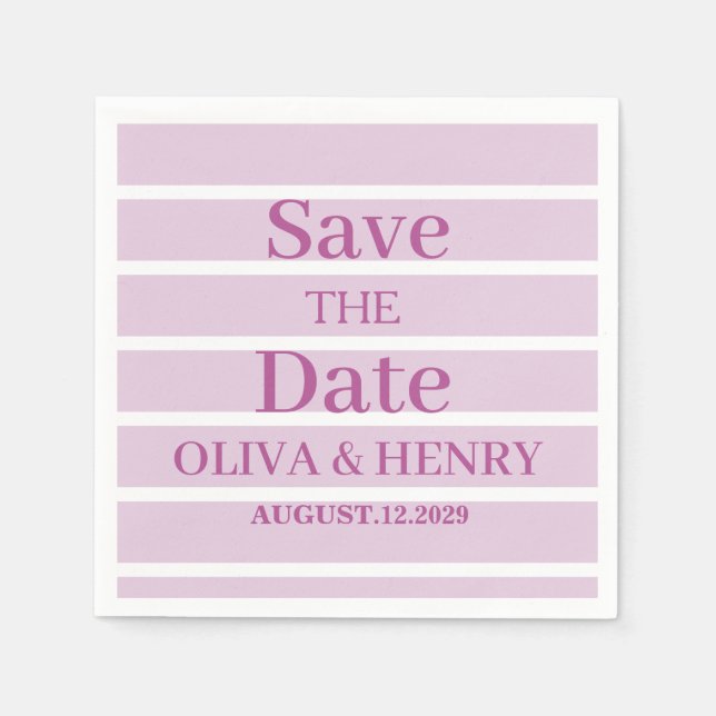 LILAC STRIPES STYLISH SIMPLE SCRIPT SAVE THE DATE  NAPKIN (Front)