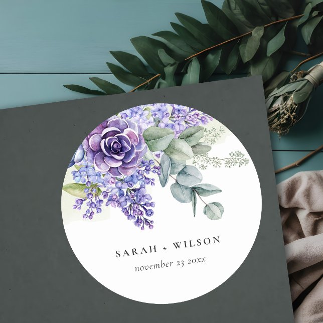 Lilac Succulent Eucalyptus Botanical Bunch Wedding Classic Round Sticker (Creator Uploaded)