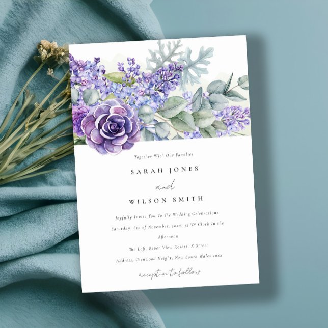 Lilac Succulent Eucalyptus Botanical Bunch Wedding Invitation (Creator Uploaded)