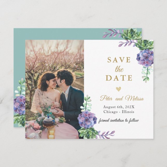 Lilac Succulents  Photo Save the Date Announcement (Front/Back)