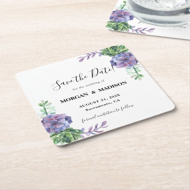 Lilac succulents Wedding Save the Date Square Paper Coaster (Angled)