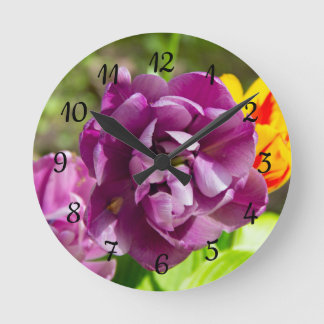 Lilac tulips on a sunny day round clock