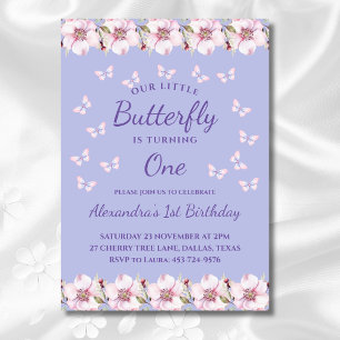 Lilac Turning One Little Butterfly 1st Birthday Invitation
