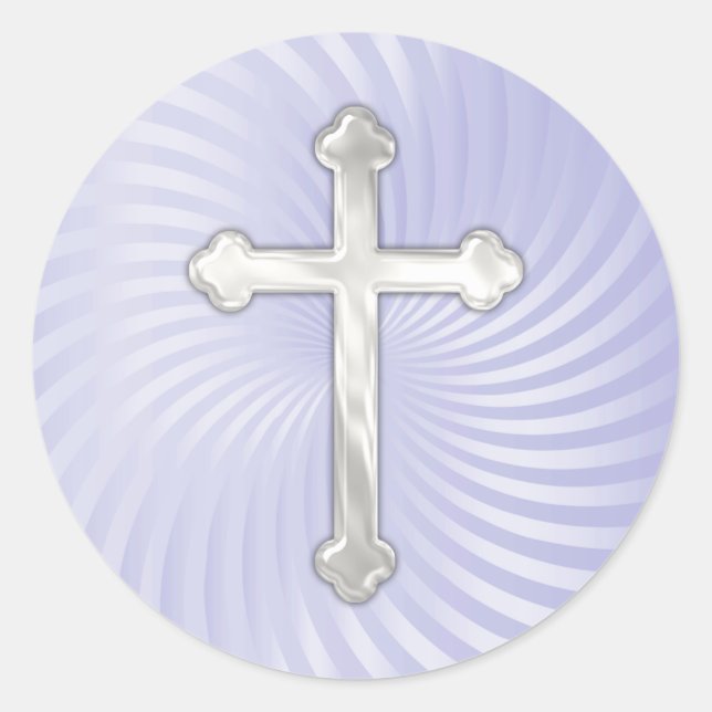 Lilac Twirl Silver Pearl Cross Classic Round Sticker (Front)